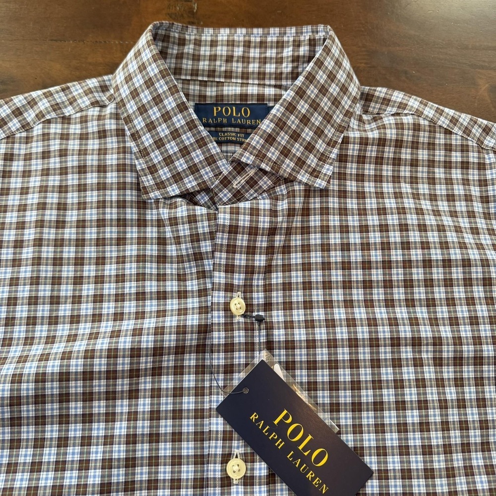 Polo Ralph Lauren Shirt Mens Large Brown Plaid Classic Fit Cotton Stretch Long - Picture 2 of 7